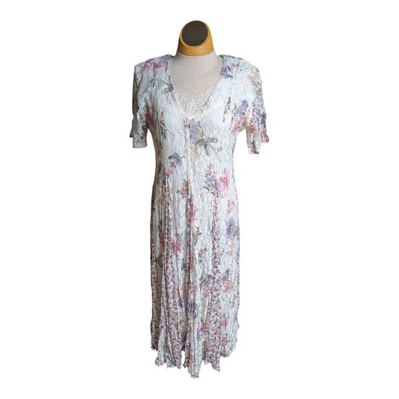 Vtg 1990s Nostalgia Ivory Pink Floral Lace Short Sleeve Romantic Maxi Dress S - Picture 2 of 6